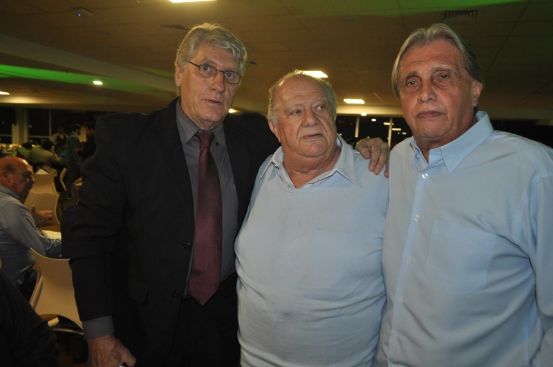 Mário Motta, Mustafá Contursi e Écio Pasca em 29 de setembro de 2017, na Festa de Veteranos do Palmeiras, no Restaurante Jardim Suspenso, no Palestra Itália. Foto: Marcos Júnior Micheletti/Portal TT