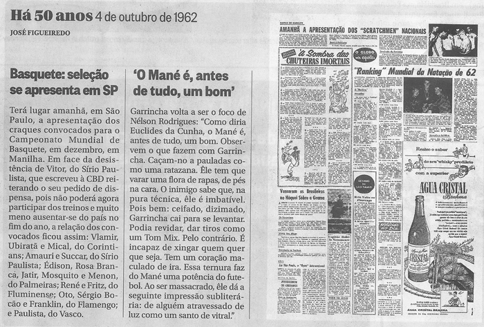 Confira notas sobre a Seleção de basquete se apresentar em São Paulo e sobre Garrincha ser um grande jogador. Imagem reprodução do jornal 