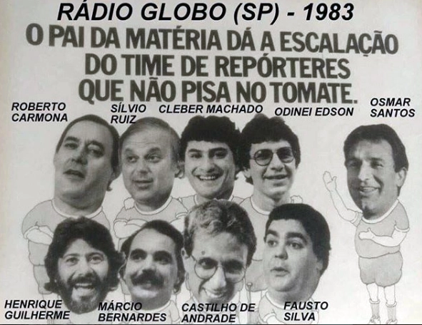 Timaço de jornalistas da Rádio Globo em 1983. No anúncio, o 