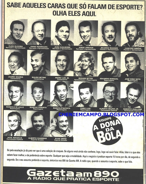 Campanha publicitária veiculada na contracapa da Revista do Futebol, em novembro de 1995, divulga o laçamento da equipe esportiva da Gazeta am890. Foto: Blog Cheni no Campo