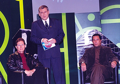 Osvaldo de Oliveira, Milton Neves e Vanderlei Luxemburgo, em 2002, em mais um Terceiro Tempo da Rede Record de Televisão