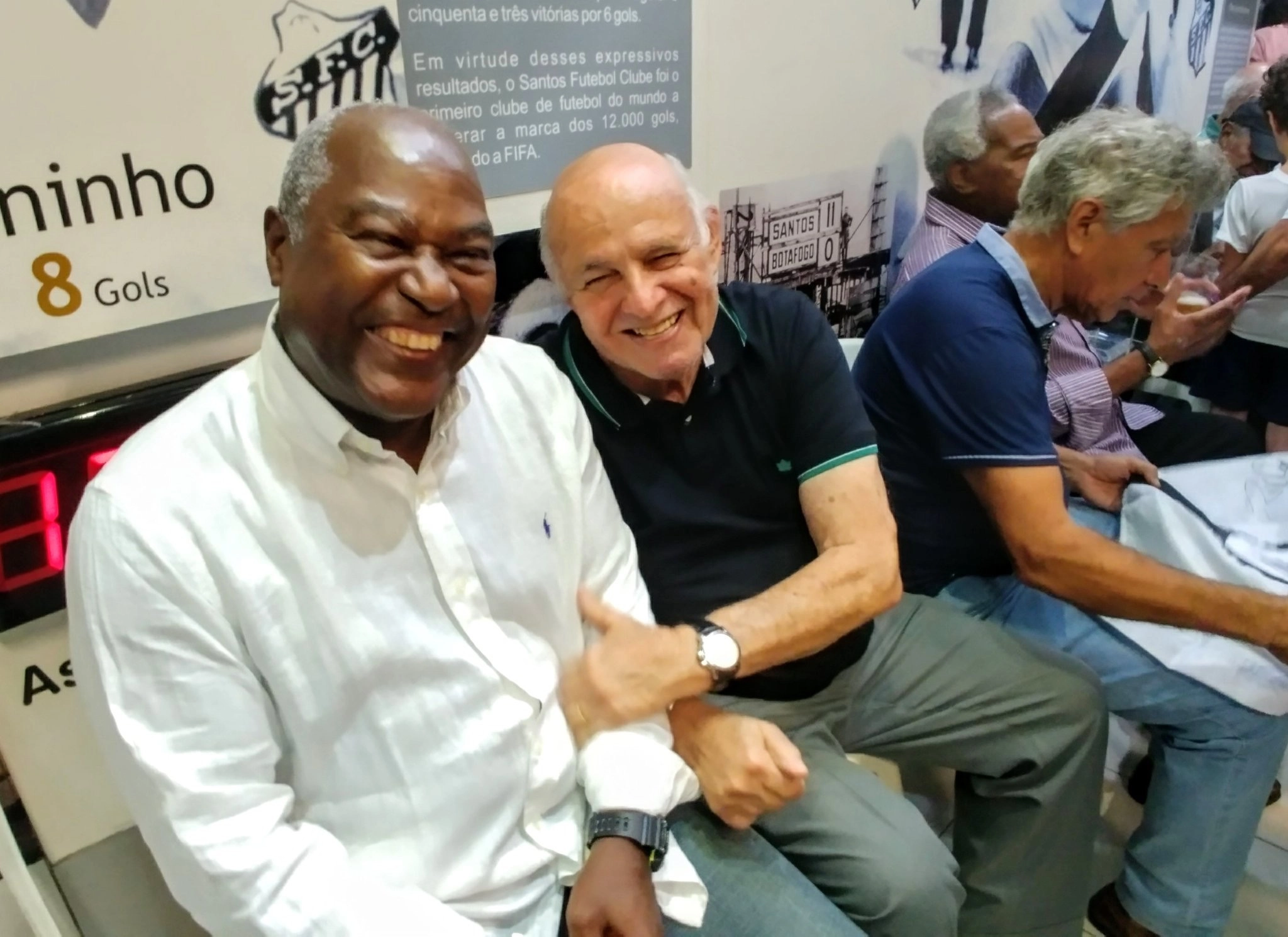 Em outubro de 2017, encontro de gênios do Santos F.C. Edu, Pepe, Clodoaldo e Coutinho. Foto: arquivo pessoal de Clodoaldo