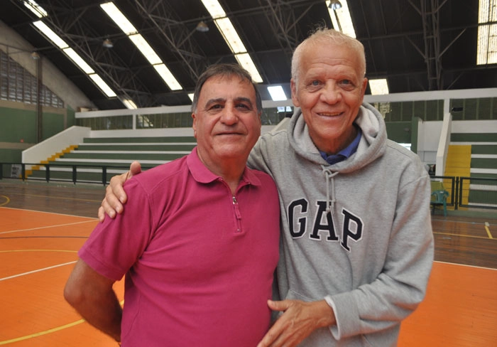 Bentivegna e Ademir da Guia no almoço dos veteranos do Palmeiras no CT da Barra Funda, em 29 de setembro de 2012. Foto: Marcos Júnior/Portal TT