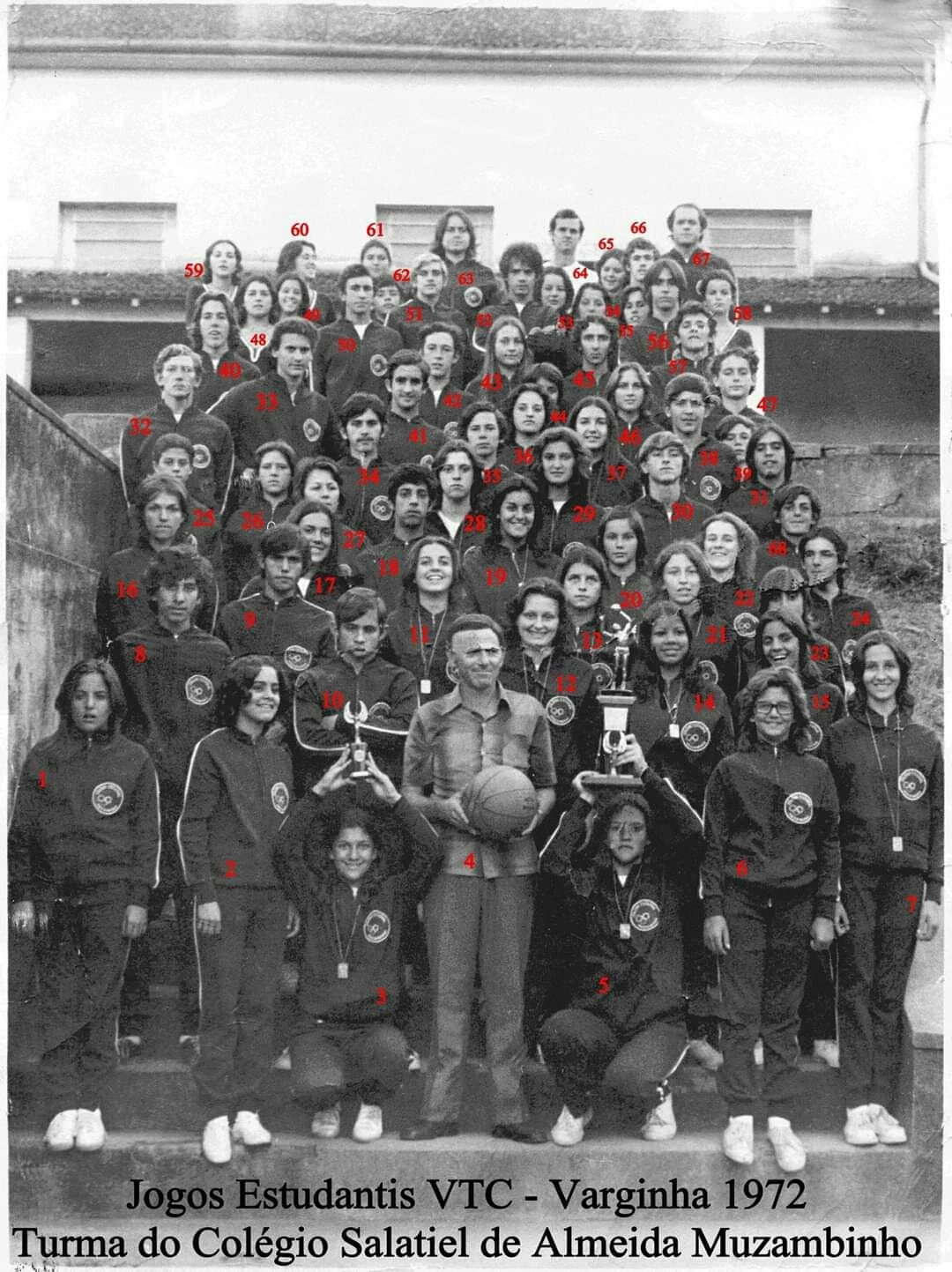 Turma do Colégio Salatiel de Almeida nos Jogos Estudantis de 1972, em Varginha-MG. Lenice está identificada com o número 16. Pela ordem: 1. Silvana 2. Miriam Martins 3. Verinha Martins 4. Prof. Isaac Brandão 5. Lúcia Teixeira 6. Júnia 7. Vera Rossi 8. Rochinha 9. Dimas 10. Sérgio 11. Cláudia Maria Vilas Boas 12. Ângela Mazilli 13. Eliara Cerávolo 14. Luci Borges 15. Lucia Helena Souza 16. Lenice Chame Magnoni 17. Elga Almeida Gonçalvez 18. Tatu 19. Célia Cristina Montanari 20. Eliana Chame 21. Flávia Campedelli 22. Ana Lúcia Oliveira 23. ? 24. Hebinho Magalhães 25. ? 26. ? 27. ? 28. Zilah 29. Ana Martins 30. Francisco Dino 31. Nilson Rato 32. Fernando Botelho 33. João Roberto Cipriani 34. Niquinho 35. Romarinho Nóbrega 36. Delma Ribeiro 37. Eliana Tesch Bueno 38. Orlando Soares 39. ? 40. Silas Paolielo 41. Paulinho Macedo 42. Rostane Magalhães 43. ? 44. Delma Ribeiro 45. ? 46. Lia Mara Massa 47. Climério S Vieira 48. Rose Cerávolo 49. Mara Janice Martiniano Montanari 50. ? 51. Evandro Machado 52. Bonaldi 53. ? 54. ? 55. ? 56. Douglas Bueno 57. Totonho 58. Maria Isabel 59. Andréa Macedo 60. ? 61. Yara Rocha Miranda 62. ? 63. Helena M Saturnino 64. Valter Cipriani 65. Maria Aparecida 66. Alci Riboli 67. William Peres Lemos.