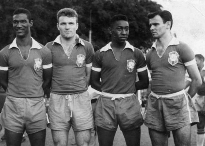 Didi, Mazzola, Pelé e Pepe, durante os treinamentos da Seleção Brasileira para a disputa da Copa de 1958. Foto enviada por José Eustáquio