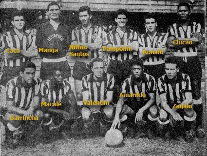 O Botafogo em 1959. Em pé, da esquerda para a direita: Cacá, Manga, Nilton Santos, Pampolini, Ronald e Chicão. Agachados: Garrincha, Macalé, Paulo Valentim, Amarildo e Zagallo. 