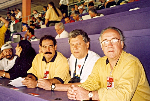 Roberto Rivellino, Milton Neves e Tostão, no intervalo de Brasil 3x2 Holanda, em Dallas, pela Copa de 94, nos EUA.

