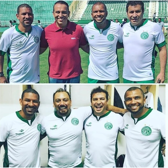 Na primeira foto, Djalma Dias, Eduardo de Meneses (apresentador da ESPN), Amoroso e Luizão. Na segunda está o comentarista Alê Oliveira. Os dois cliques foram no Estádio Brinco de Ouro da Princesa, em Campinas. (Foto: Reprodução Instagram)  