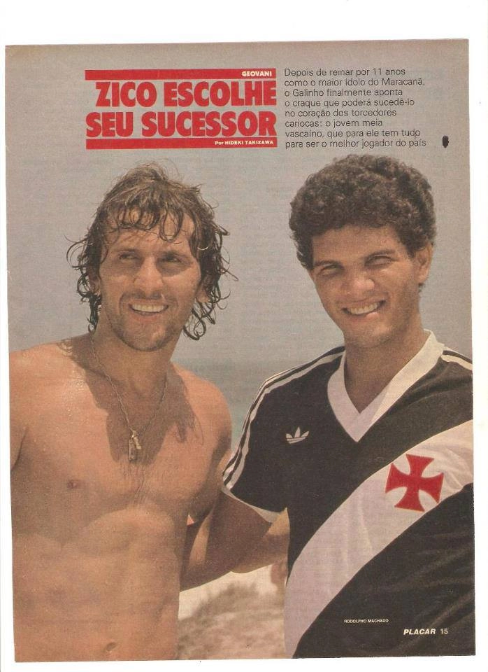 Zico e Geovani, apresentado como sucessor do Galinho de Quintino, na Revista Placar, nos anos 80