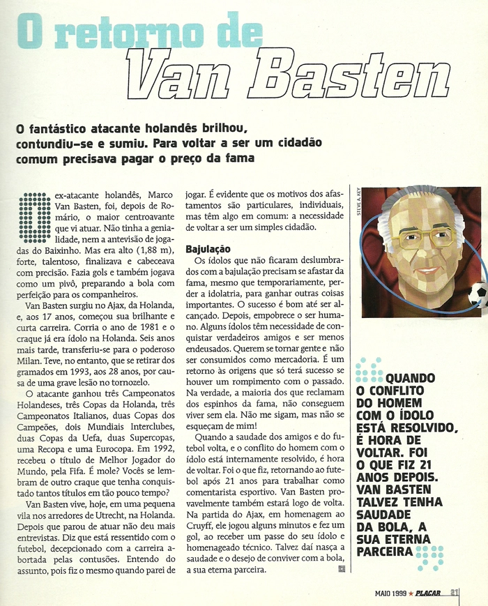 O retorno de Van Basten, matéria da Revista Placar, de maio de 1999. Imagem: Revista Placar 