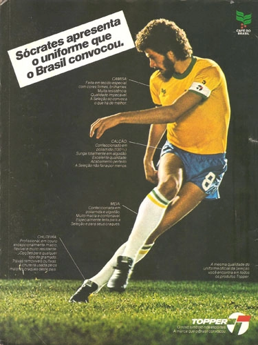 Contra-capa da Revista Placar, edição 668, de 11 de março de 1983. Sócrates foi o escolhido da Topper para divulgar seu material esportivo. Acima, à direita, a marca 