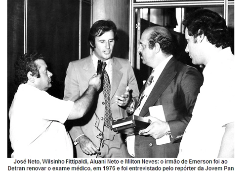 José Neto, Wilsinho Fittipaldi, Aluani Neto e Milton Neves: o filho do Barão foi ao Detran renovar exame médico, em 1976 e foi entrevistas pelo repórter da Jovem Pan