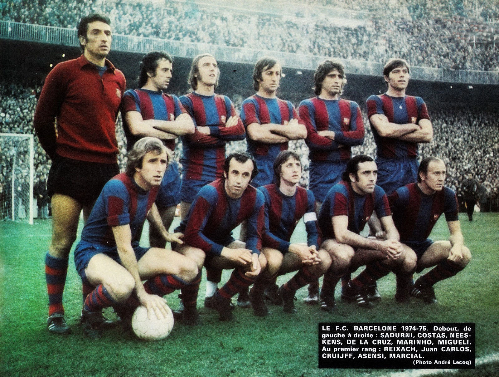 Em pé: Sadurni, Costas, Neeskens, De La Cruz, Marinho Peres e Migueli. Agachados: Rexach, Juan Carlos, Cruijff (Cruyff), Asensi e Marcial. Este era o excelente Barcelona de 1974/1975. Foto: André Lecoq