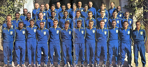 Esta foto maravilhosa mostra os jogadores perfilados quando da primeira convocação para a Seleção Brasileira que iria disputar, dias depois, a Copa do Mundo do Chile de 1962. Na primeira fila de cima para baixo, o primeiro é Aimoré Moreira, o segundo é o dentista Mario Trigo, o terceiro é o médico Hilton Gosling, o quinto é o preparador físico Paulo Amaral e o sétimo é o supervisor Carlos Nascimento; na segunda fila vemos Gilmar, Calvet, Quarentinha, Mauro, Airton Pavilhão, Bellini e o massagista Santana; na terceira fila vemos Didi, Djalma Santos, Pepe, Jurandir, Mengálvio, Nilton Santos, Vavá, Castilho, Julinho e Altair; entre Didi e Djalma Santos, vemos o roupeiro Chicão; na primeira fila de baixo para cima vemos Mário Américo, Coutinho, Jair da Costa, Germano, Rildo, Amarildo, Jair Marinho, Zito, Zagallo, Pelé, Garrincha e Zequinha; atrás de Mário Américo, o grande goleiro Valdir Joaquim de Moraes