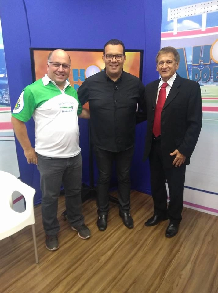 Maurício de Oliveira, Luciano Luiz e Prisco Palumbo em 18 de outubro de 2017, no programa `A Hora do Esporte´da TV Grande ABC. Foto: arquivo pessoal de Luciano Luiz