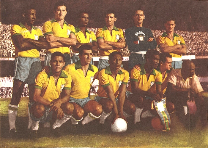 Em pé: Djalma Santos, Bellini, Zózimo, Nilton Santos, Gylmar e Roberto Belangero. Agachados: Garrincha, Evaristo, Índio, Didi, Joel Martins e Mário Américo (massagista).