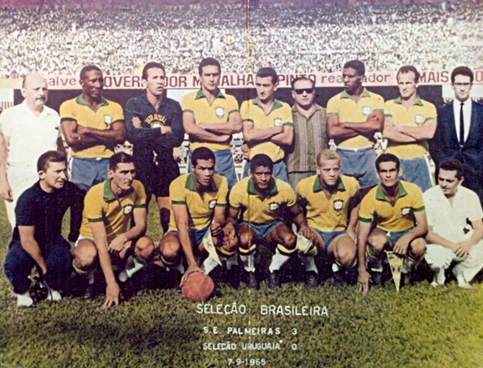 Time palmeirense que representou a seleção brasileira em 7 de setembro de 1965, na inauguração do estádio do Mineirão. Na oportunidade, o Palmeiras-Brasil venceu o Uruguai pelo placar de 3 a 0. Em pé, da esquerda para a direita: o diretor Ferruccio Sandoli, Djalma Santos, Valdir Joaquim de Moraes, Waldemar Carabina, Dudu, o treinador Filpo Núñez, Djalma Dias, Ferrari e um outro diretor do Verdão. Agachados: o mordomo Romeu, Julinho Botelho, Servílio, Tupãzinho, Ademir da Guia, Rinaldo e o massagista Reis