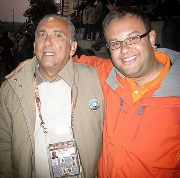 Galvão Bueno e o narrador Marcelo do Ó em 2010, durante a Copa da África do Sul. Foto: arquivo pessoal de Marcelo do Ó