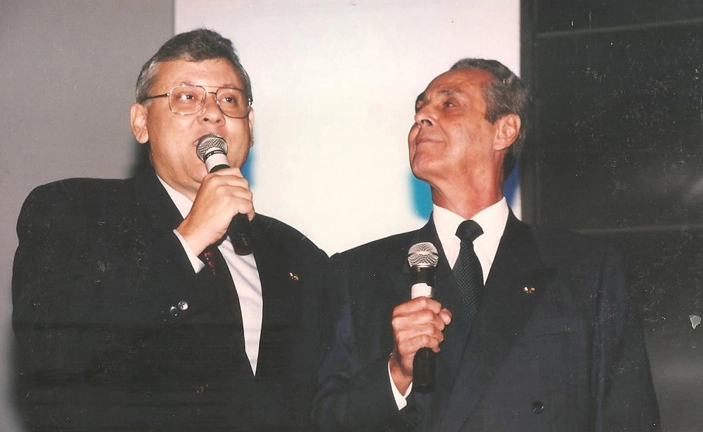 Milton Neves e Gylmar, o Goleiro Maior, em evento do Banco CCF, depois HSBC, em 1998