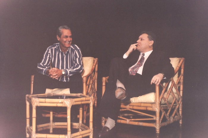 Gylmar e Milton Neves durante evento do mercado imobiliário em 1998, no Clube Pinheiros, em São Paulo