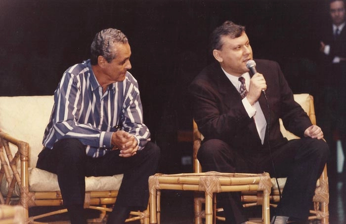 Gylmar e Milton em evento imobiliário no Esporte Clube Pinheiros, em maio de 1998