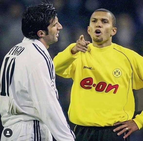 No começo dos anos 2000, Luis Figo e Amoroso durante confronto entre Real Madrid e Borussia Dortmund na Liga dos Campeões. Foto: arquivo pessoal de Amoroso