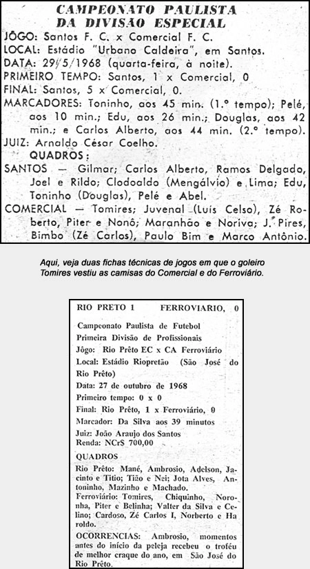 Veja duas fichas técnicas de jogos em que o goleiro Tomires vestiu as camisas do Comercial e do Ferroviário