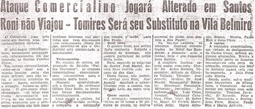 Jornal anuncia a presença de Tomires no ataque comercialino em jogo contra o Santos na Vila Belmiro. Na ocasião, o time de Ribeirão Preto lutava para não ser rebaixado para a segunda divisão do Campeonato Paulista
