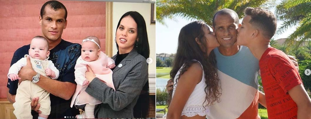 Rivaldo e a esposa com os filhos gêmeos e depois, em 2020, Rivaldo com os dois, completando 15 anos. Fotos: arquivo pessoal de Rivaldo