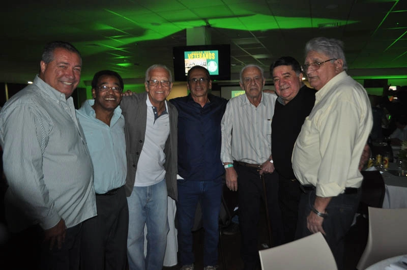 Carlos Alberto Seixas, Nei, Ademir da Guia, Toninho, Chicão, Leivinha e Marinho Peres na festa de veteranos do Palmeiras, em 28 de setembro de 2018, no restaurante Jardim Suspenso, no Palestra Itália. Foto: Marcos Júnior Micheletti/Portal TT