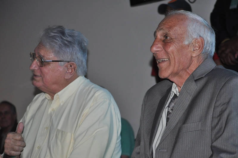 Marinho Peres e Alfredo Mostarda na festa de veteranos do Palmeiras, em 28 de setembro de 2018, no restaurante Jardim Suspenso, no Palestra Itália. Foto: Marcos Júnior Micheletti/Portal TT