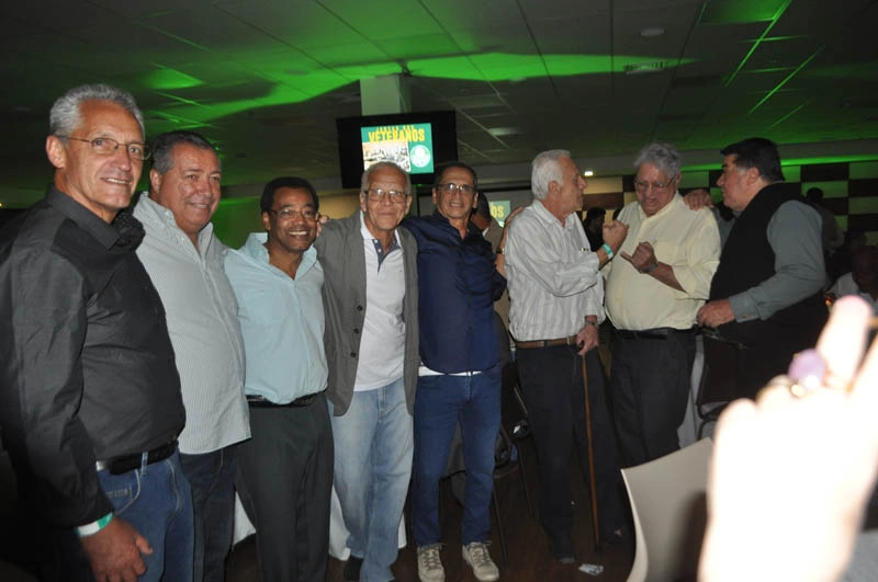 Polozzi, Carlos Alberto Seixas, Nei, Ademir da Guia, Toninho, Chicão, Marinho Peres e Leivinha na festa de veteranos do Palmeiras, em 28 de setembro de 2018, no restaurante Jardim Suspenso, no Palestra Itália. Foto: Marcos Júnior Micheletti/Portal TT