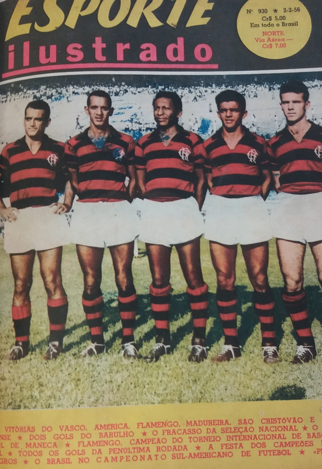 Ataque do Flamengo em 1956, Joel, Paulinho Almeida, Indio, Dida e Zagallo. A foto é da capa da Revista Esporte Ilustrado, 930