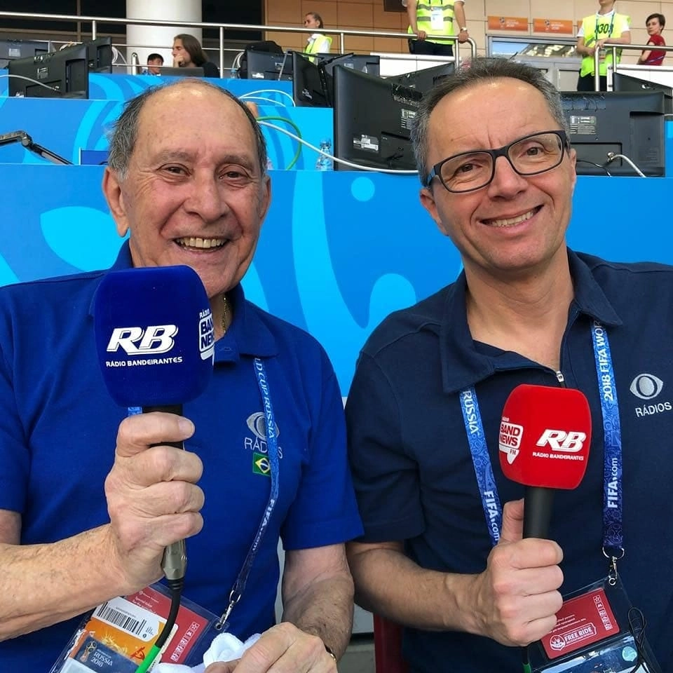 José Silvério e Ricardo Capriotti em 27 de junho de 2018, no Spartak Stadiu, em Moscou, pouco antes de Brasil x Sérvia pela Copa da Rússia. Foto: arquivo pessoal de Ricardo Capriotti