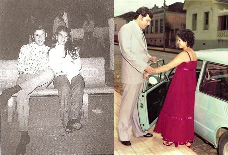 Milton e Lenice, ainda namorados, em Muzambinho-MG, e no dia da cerimônia civil de casamento, em 7 de janeiro de 1978, em frente ao Fórum da cidade do Sul de Minas. Fotos: arquivo pessoal de Milton Neves