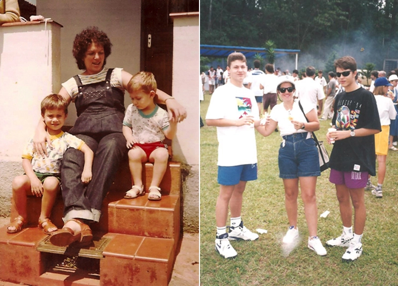 Sempre carinhosa com os filhos. À esquerda, Rafael e Fábio ainda pequenos. Na outra, em festa da Jovem Pan, os já adolescentes Fábio e Rafael. Foto: arquivo pessoal de Milton Neves