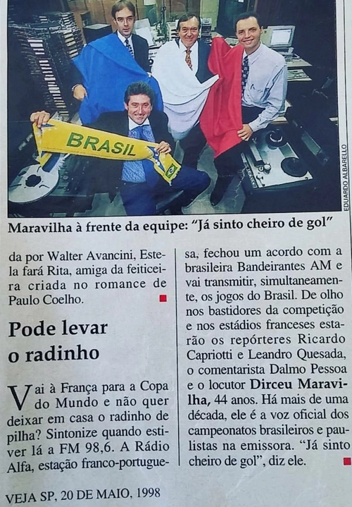 Leandro Quesada, Dalmo Pessoal, Ricardo Capriotti e Dirceu Maravilha preparados para a cobertura da Copa do Mundo de 1998. Foto: reprodução