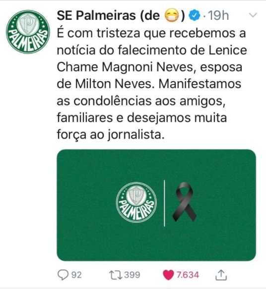 A palmeirense Lenice recebeu bela homenagem do Palmeiras, seu clube de coração, em mensagem publicada no Twitter oficial do Alviverde. Reprodução