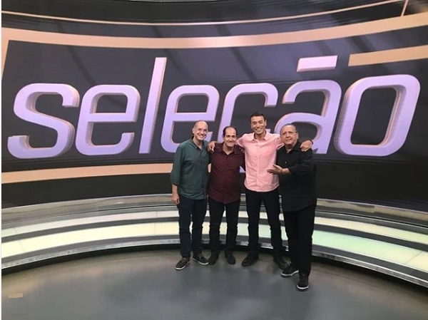 Lédio Carmona, André Rizek e Galvão Bueno recebem Muricy Ramalho no primeiro dia do novo Seleção SportTV, em 1º março de 2018. (Foto: Reprodução Instagram @muricyramalhoreal)