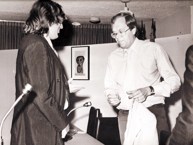 Festa do 1º Congresso Nacional de Jornalistas Esportivos em 1974. Flávio Adauto e Joelmir Beting