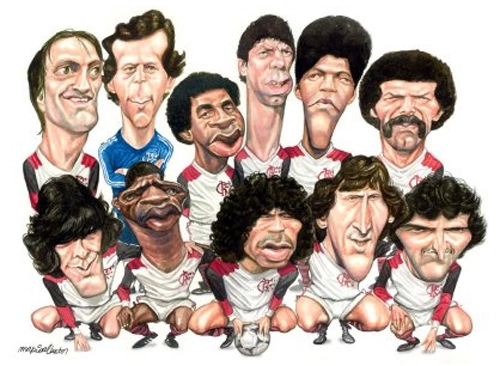 A massa rubro-negra sente muita saudade desse timaço campeão do mundo de 1981. Em pé estão Leandro, Raul, Andrade, Mozer, Marinho e Júnior; agachados Lico, Adílio, Nunes, Zico e Tita