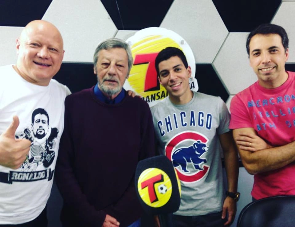 Na Transamérica-FM, em 2 de novembro de 2017, Ronaldo Giovanelli, Luíz Carlos Galter, Guilherme Lage e Thomaz Rafael. Foto: arquivo pessoal de Thomaz Rafael