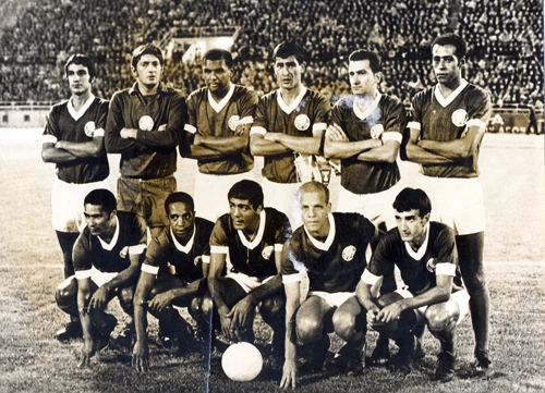 Vejam o Palmeiras no final da década de 1960. Em pé temos Eurico, Neuri, Luís Pereira, Nelson Coruja, Dudu e Dé; agachados estão Copeu, Jaime, César, Ademir da Guia e Pio
