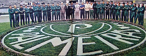 Palmeiras, campeão da Taça de Prata de 1969, em foto da revista Manchete. Da esquerda para a direita vemos: Baldocchi, Ademir da Guia, Neuri, Pio, Cabralzinho, Dé, Zeca, Serginho, pessoa não identificada, Neves, Dudu, quatro dirigentes, Rubens Minelli, mais um dirigente, homem não-identificado, Luis Pereira, Eurico, Leão, pessoa não identificada e Nélson. Os cinco últimos são César, Minuca, Copeu, Jaime e Edu. Walter Roberto Peres, nosso leitor-colaborador, foi quem nos enviou a foto