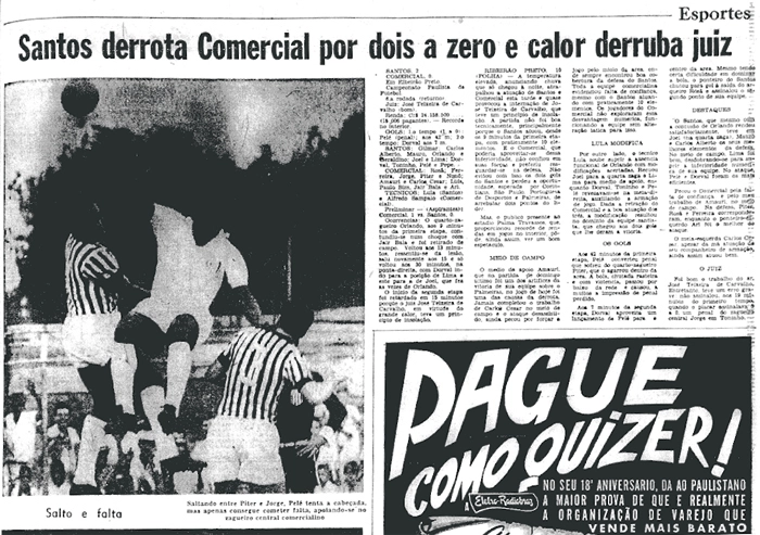 Veja como o jornal Folha de S. Paulo noticiou o triunfo do Peixe sobre o Comercial, nos anos 60. Foto: Reprodução