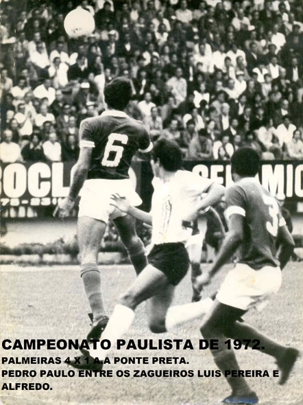 No Palestra Itália, a Ponte Preta, diante da fortíssima equipe do Palmeiras, em 1972. Pedro Paulo, entre Alfredo (nº 6) e Luis Pereira (nº 3). A Drible, branquinha, está no ar. o Alviverde derrotou a Macaca por 4 a 1. Foto: arquivo pessoal de Pedro Paulo