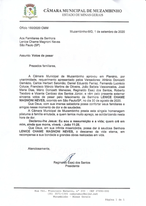 Ofício da Câmara Municipal de Muzambinho, com votos de pesar pelo falecimento de Lenice Chame Magnoni Neves