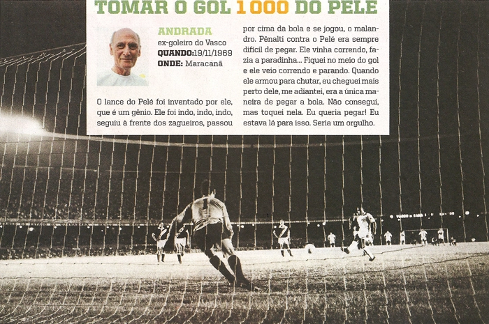 Andrada no gol tenta defender o pênalti batido por Pelé. Foto reprodução da Revista Placar