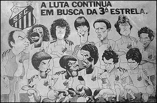 Quadro-caricatura do Santos FC de 1983. Em pé: o técnico Formiga, Gilberto Sorriso, Toninho Carlos, Marolla, Dema, Márcio Rossini e Toninho Oliveira. Agachados: Camargo, Paulo Isidoro, Serginho, Pita e João Paulo