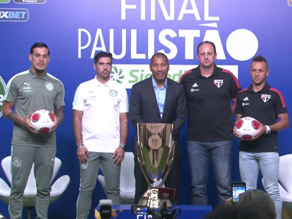 Treinadores e capitães de Palmeiras e São Paulo participaram de coletiva promovida pela FPF. Foto: reprodução/Youtube/Paulistão
